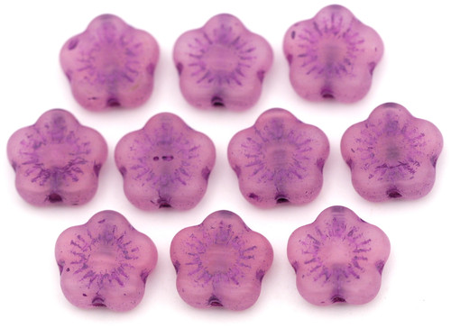 10pc 10mm Czech Pressed Glass Flower Beads, Matte Crystal-Pink Swirl/Purple Wash