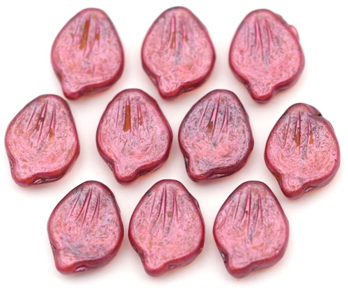 10pc 9x12mm Czech Pressed Glass Peony Petal Beads, Crystal/Chili Pink