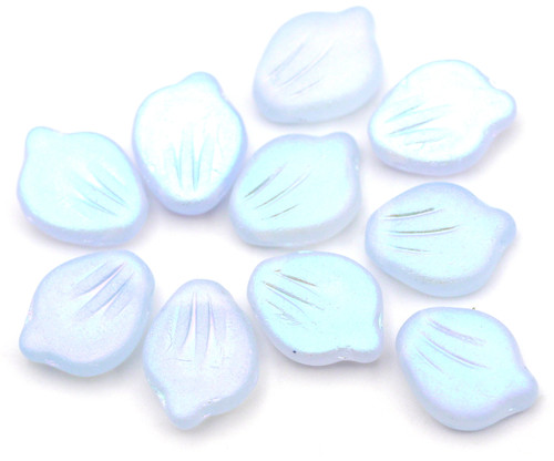 10pc 9x12mm Czech Pressed Glass Peony Petal Beads, Matte Ice Blue AB