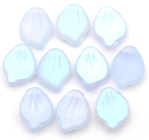 10pc 9x12mm Czech Pressed Glass Peony Petal Beads, Matte Ice Blue AB