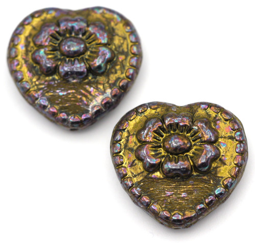 2pc 17mm Czech Pressed Glass Heart with Flower Beads, Jet/Iris Luster/Gold Wash