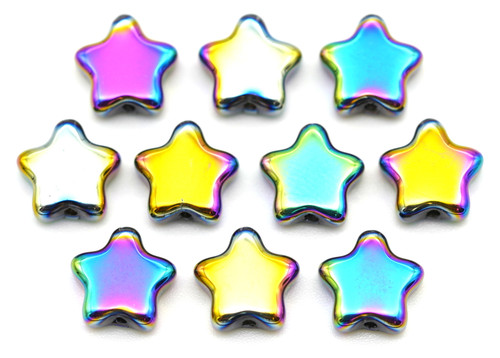 10pc 9mm Pressed Glass Star Beads, Metallic Rainbow Iris