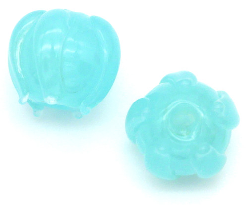 2pc Approx. 11x9mm Lampwork Glass Flower Bud Beads, Jade Blue