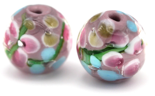 2pc Approx. 12x10.5mm Lampwork Glass Barrel Beads, Lavender Floral