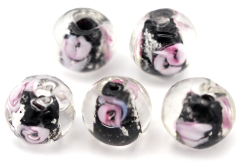 5pc Approx. 10mm Lampwork Glass Floral Round Beads, Black/Pink Rosette/Glow-In-the-Dark Flecks