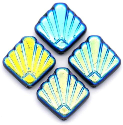 4pc 17mm Czech Pressed Glass Art Deco Fan Beads, Jet/Full AB