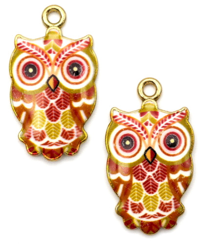 2pc 23x13mm Printed & Enameled Owl Pendants, Antique Silver/Brown Multi