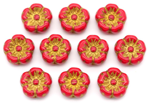 10pc 10mm Czech Pressed Glass Hawaiian Flower Beads, Red Coral/Gold Wash