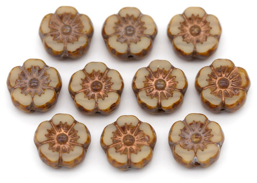 10pc 10mm Czech Table-Cut Hawaiian Flower Bead, Almond/Picasso/Rose Gold