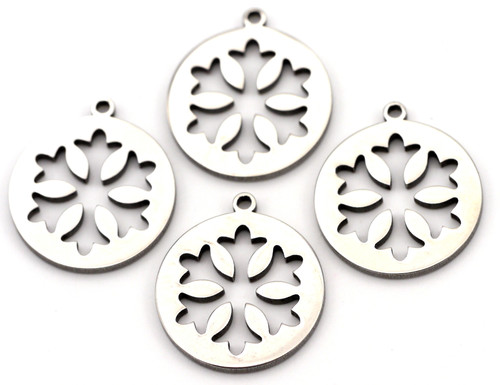 4pc 18x16mm Stainless Steel Snowflake Cutout Round Charms