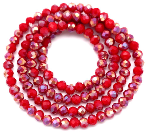 Approx. 16" Strand 4x3mm Crystal Faceted Rondelle Beads, Opaque Red AB