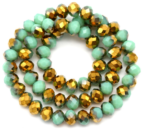 Approx. 16" Strand 8x6mm Crystal Faceted Rondelle Beads, Mint Green/Gold