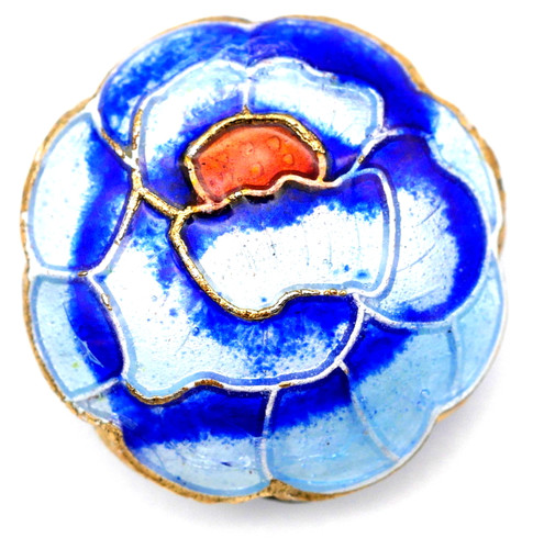 19mm Brass & Enamel Cloisonné Peony Flower Bead, Sapphire-White Ombre/Red/Gold