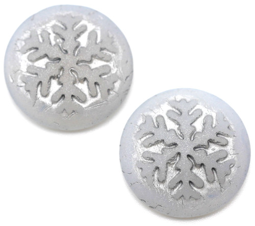 2pc 21mm Czech Pressed Glass Snowflake Cabochon (Undrilled), Matte Ice Blue Opal/Silver Wash