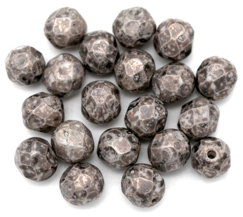20pc 6mm Czech Fire-Polished Glass Faceted Round Beads, Alabaster/Gray Travertine