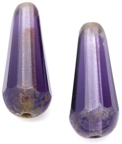 2pc 20x9mm Czech Fire Polished Faceted Teardrop Bead, Violet/Picasso