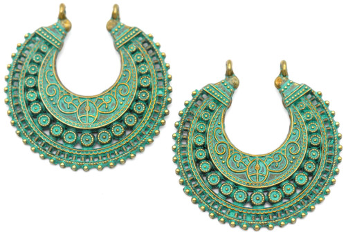 2pc 38x37mm Ornate Crescent Pendants, Antique Bronze/Turquoise Patina