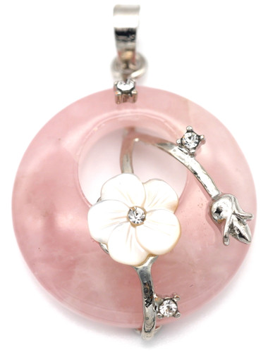 1pc Approx 36x28mm Donut Pendant w/Rhinestones & Shell Flower, Rose Quartz