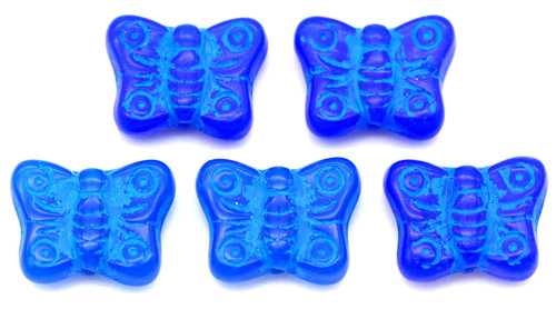 5pc 14x10mm Czech Pressed Glass Butterfly Beads, Indigo/Capri Blue Mix w/Blue Wash