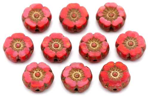 10pc 8mm Czech Table-Cut Glass Hawaiian Flower Beads, Coral Red/Antique Gold Wash