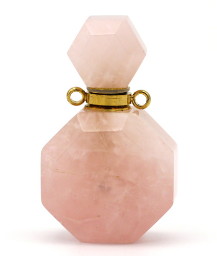 1pc Approx. 35x20mm Rose Quartz Faceted Octagon Perfume Bottle Pendant w/2 Gold Loops