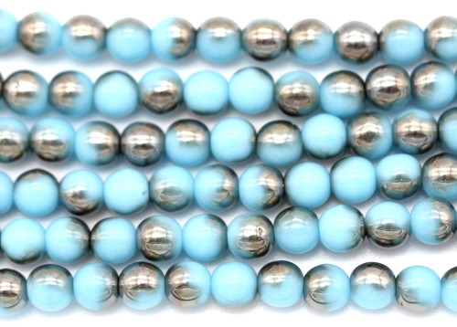 4.5" Strand (About 30pc) 4mm Czech Pressed Glass Druk Round Beads, Light Sky Blue/Chrome