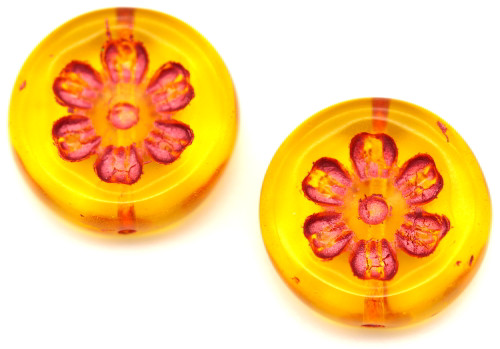 2pc 16mm Czech Pressed Glass Coin w/Flower Beads, Transparent Goldenrod/Metallic Red Wash