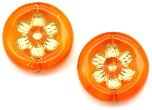 2pc 16mm Czech Pressed Glass Coin w/Flower Beads, Hyacinth Orange/Gold Wash