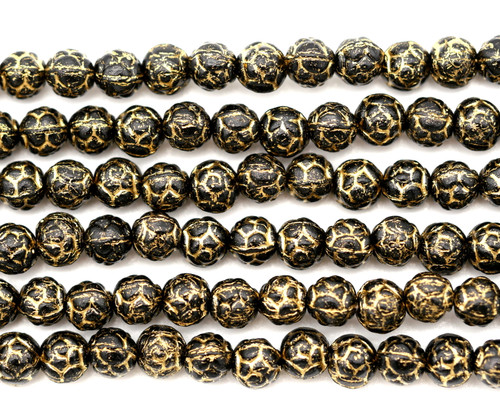 Approx. 4.5" Strand (About 22pc) 5mm Czech Pressed Glass Rosebud Beads, Jet/Gold Wash