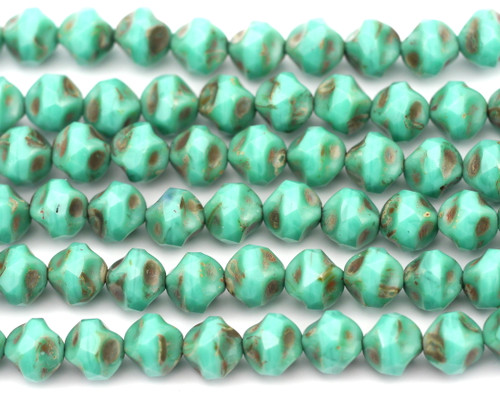 Approx. 4.5" Strand (About 15pcs) 9mm Czech Fire-Polished Glass Center-Cut Baroque Round Beads, Opaque Turquoise/Travertine