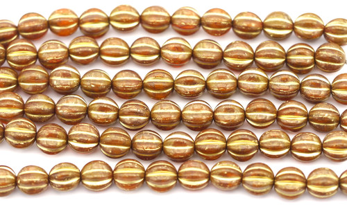 Approx. 4.5" Strand (About 12pcs) 10mm Czech Pressed Glass Fluted Melon Beads, Orange Swirl/Picasso/Gold Wash