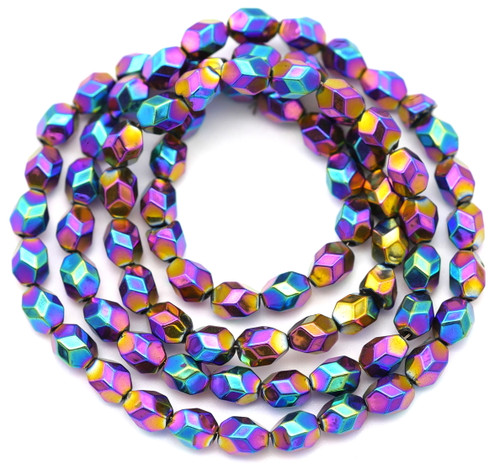 Approx. 15" Strand 5x4mm Synthetic Hematite Faceted Baroque Oval Beads, Rainbow Iris