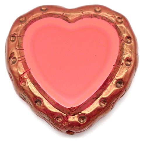 18mm Czech Table-Cut Glass Valentine Heart Bead, Light Coral Red/Bronze Luster