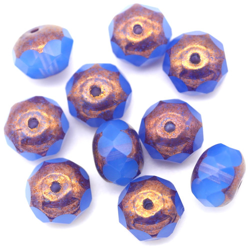 10pc 9x6mm Czech Fire-Polished Glass Fancy Faceted Rondelle Beads, Blue Opal/Lila Bronze Luster