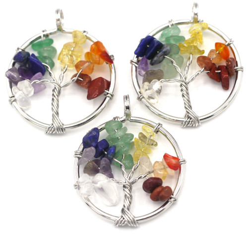 1pc Approx. 33x29mm Wire-Wrapped Tree of Life Pendant, Rainbow of Gemstones
