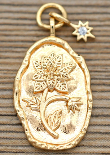 23x13mm 18K Gold Plated Birth Month Flower Charm w/Birthstone, Poinsettia/BlueTopaz (December)