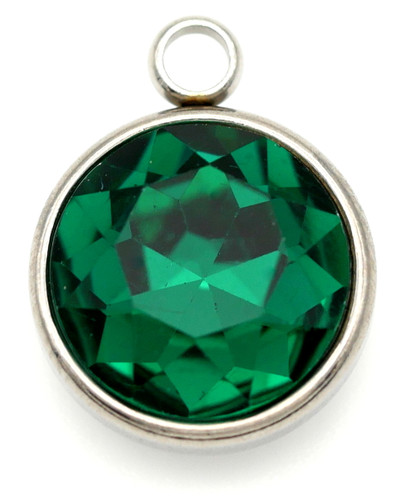 18x14mm Stainless Steel & Crystal Faceted Rhinestone Round Pendant, Emerald