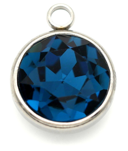 18x14mm Stainless Steel & Crystal Faceted Rhinestone Round Pendant, Blue Zircon