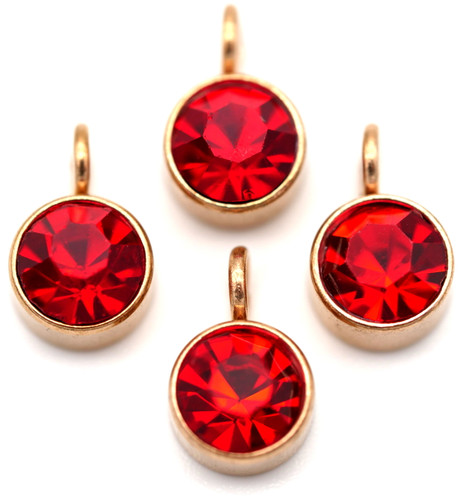 4pc 9x6mm Stainless Steel & Crystal Rhinestone Rose Gold Birthstone Drops, July (Ruby Red)