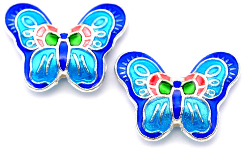 2pc 16x23mm Pewter & Enamel Cloisonné-Style Butterfly Bead, Silver/Blue Multi