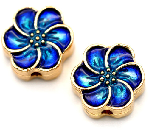 2pc 10x11mm Pewter & Enamel Cloisonné-Style Blossom Bead, Gold/Blue Multi