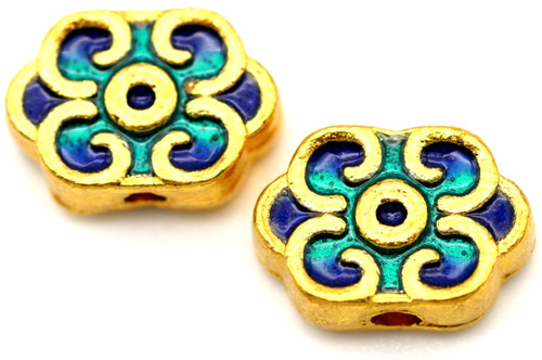 2pc 12x8mm Pewter & Enamel Cloisonné-Style Beads, Gold/Blue Multi