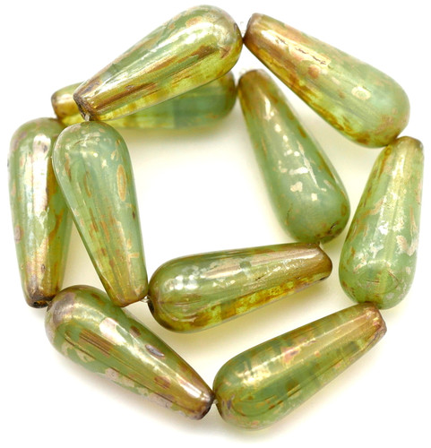 10pc Strand 6x15mm Czech Pressed Glass Teardrop Beads, Sea Green Opal/Picasso Luster