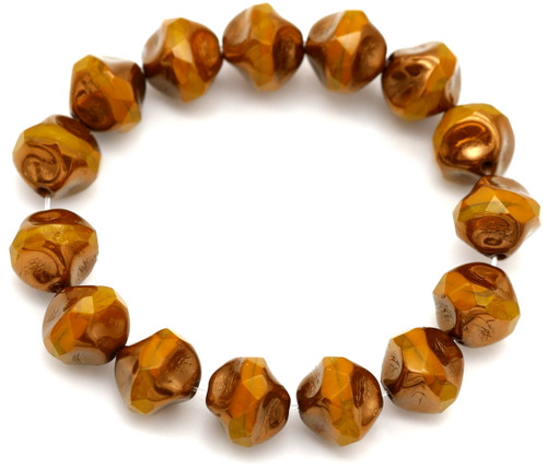 15pc Strand 9mm Czech Fire-Polished Glass Center-Cut Baroque Faceted Round Beads, Light Pumpkin Swirl/Bronze Luster