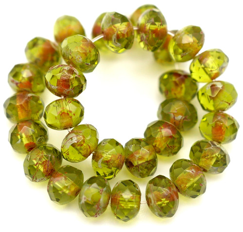 30pc 3x5mm Czech Fire-Polished Glass Faceted Rondelle Beads, Olive/Picasso