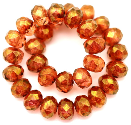 30pc 3x5mm Czech Fire-Polished Glass Faceted Rondelle Beads, Rosaline/Topaz Gold Luster