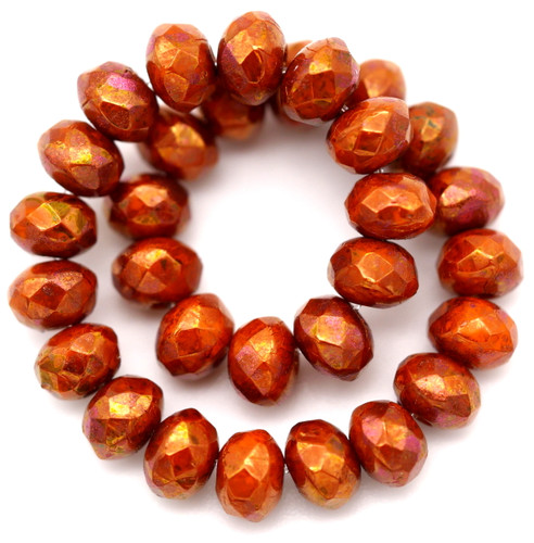 30pc 3x5mm Czech Fire-Polished Glass Faceted Rondelle Beads, Opaque Pumpkin Orange/Terra Cotta Luster