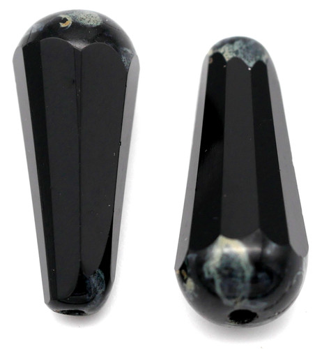 2pc 20x9mm Czech Fire Polished Faceted Teardrop Bead, Jet/Picasso