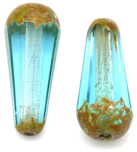 2pc 20x9mm Czech Fire Polished Faceted Teardrop Bead, Light Aqua/Travertine