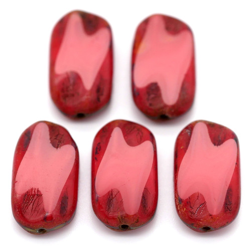 5pc 16x8mm Czech Table-Cut Glass Rectangle Window Beads, Ruby Red/Picasso